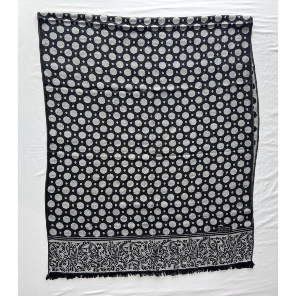 100% Cashmere Shawl Black Grey Polka Dots Paisley Reverse Fringe 28x35 Pristine